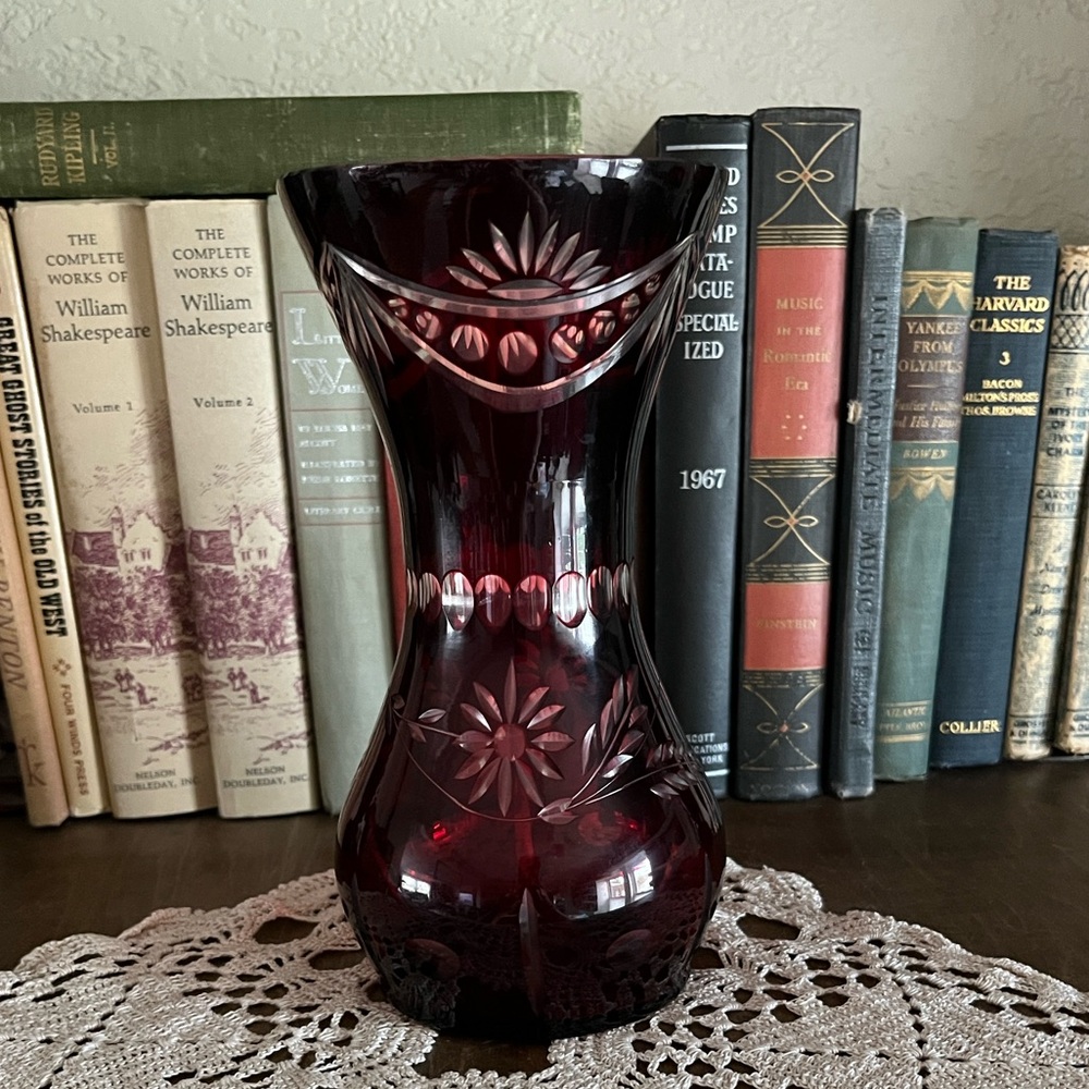 Czech Bohemian Ruby Red Cut-to-Clear Lead Crystal Vase, vintage